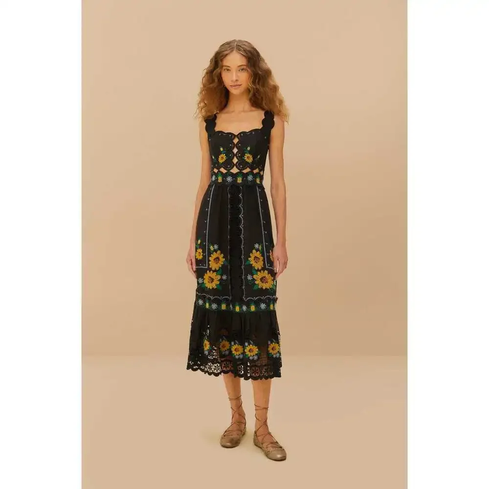 FARM Rio | Dresses | Black Cross Stitch Sunflower Richelieu Lenzing Ecovero  Euroflax Midi Dress | Poshmark